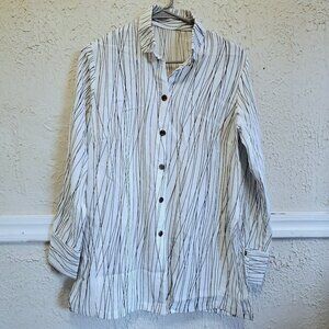 Fridaze Linen Button Up Tunic Shirt, Black & White, S